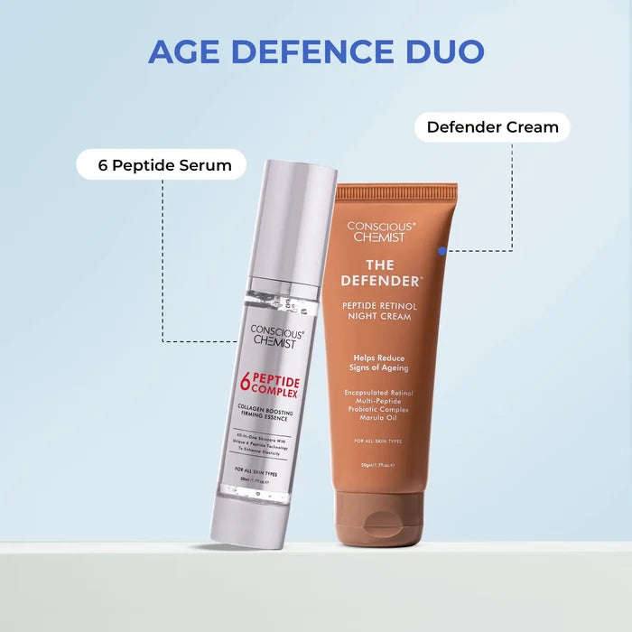 Age Defence Duo | 6 Peptide Booster Serum & Defender Retinol Night Cream | Combo