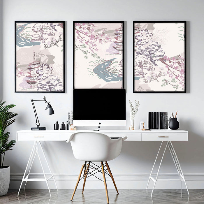 Modern home office featuring three framed chinoiserie art prints above white desk