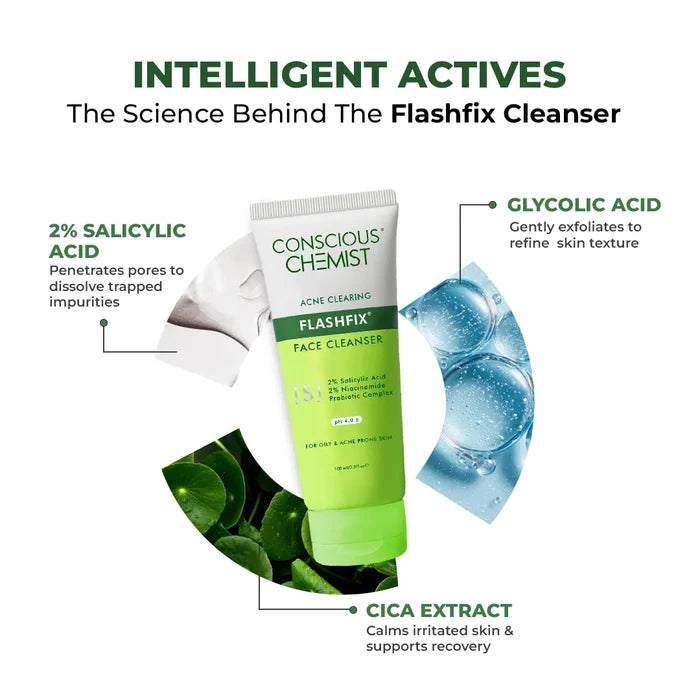 Flashfix Acne Clearing Face Wash (Pack Of 2)  | AHA, BHA & CICA Extract | 2x100 ml | Best Deal