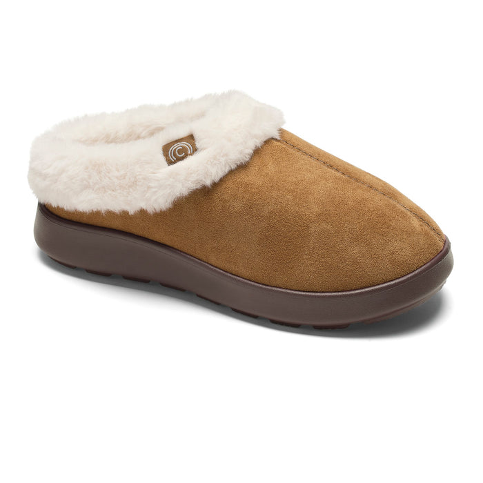A single slip-on mule slipper shown in a three-quarter side view on a white background. The slipper features a tan suede upper, a thick white faux-fur collar, and a dark brown sole. #color_chestnut