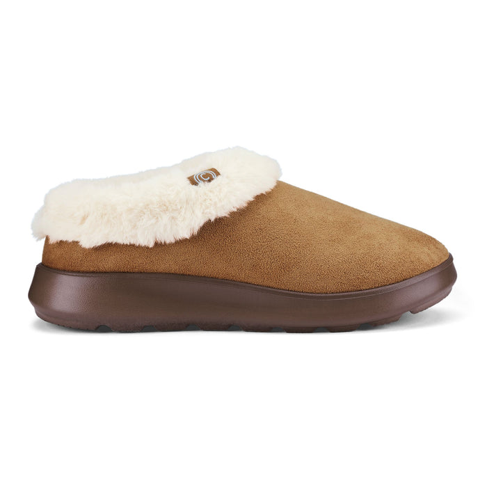 A single brown slip-on mule shoe with a soft white faux-fur collar and a dark brown sole, shown in profile against a plain white background. #color_chestnut