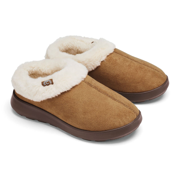 A pair of tan suede slip-on slippers with a cream faux-fur collar and a dark brown sole, shown on a white background. #color_chestnut