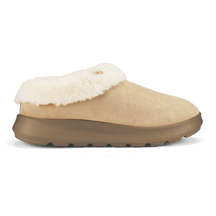 A single slip-on clog-style slipper in beige suede-like material with a fluffy cream shearling collar and a brown sole, shown in side profile on a white background. #color_taupe