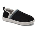A single slip-on winter slipper shown from a three-quarters angle on a white background. The slipper features a black textured upper, a gray and white faux-leather side stripe, a gray and white faux-fur lining, and a thick white rubber sole. #color_black