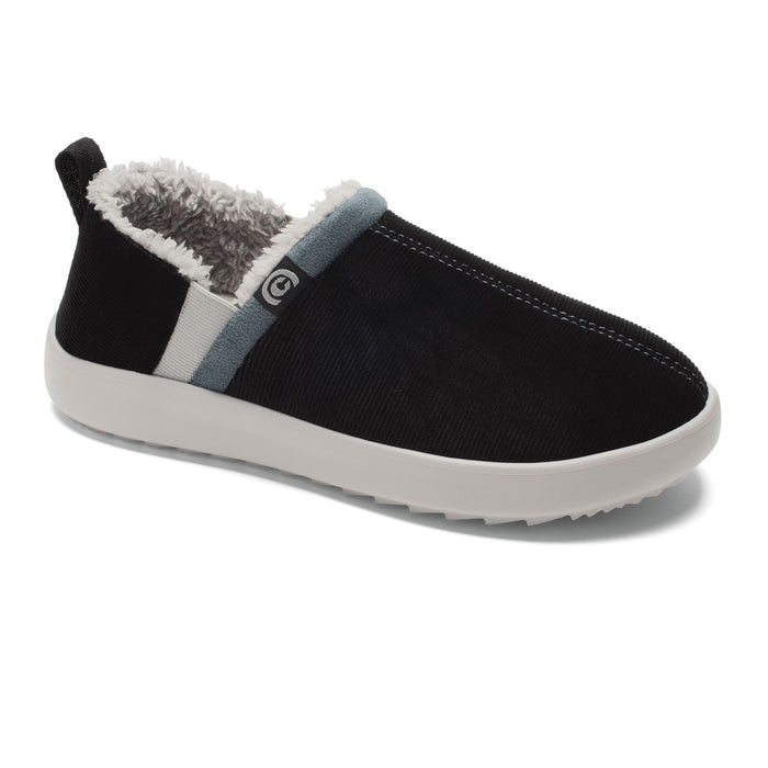 A single slip-on winter slipper shown from a three-quarters angle on a white background. The slipper features a black textured upper, a gray and white faux-leather side stripe, a gray and white faux-fur lining, and a thick white rubber sole. #color_black