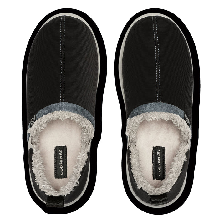 A pair of black slip-on slippers with a gray faux-leather collar and a white sherpa lining, shown from a top-down view on a white background. #color_black