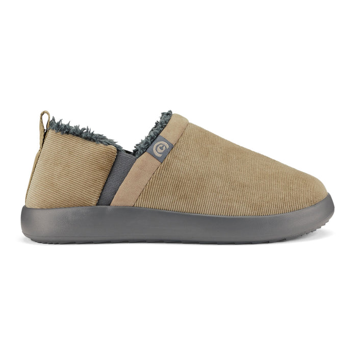 A single slip-on indoor shoe shown in side profile on a white background. The upper is tan corduroy with a dark gray fuzzy lining and a dark gray sole. #color_taupe