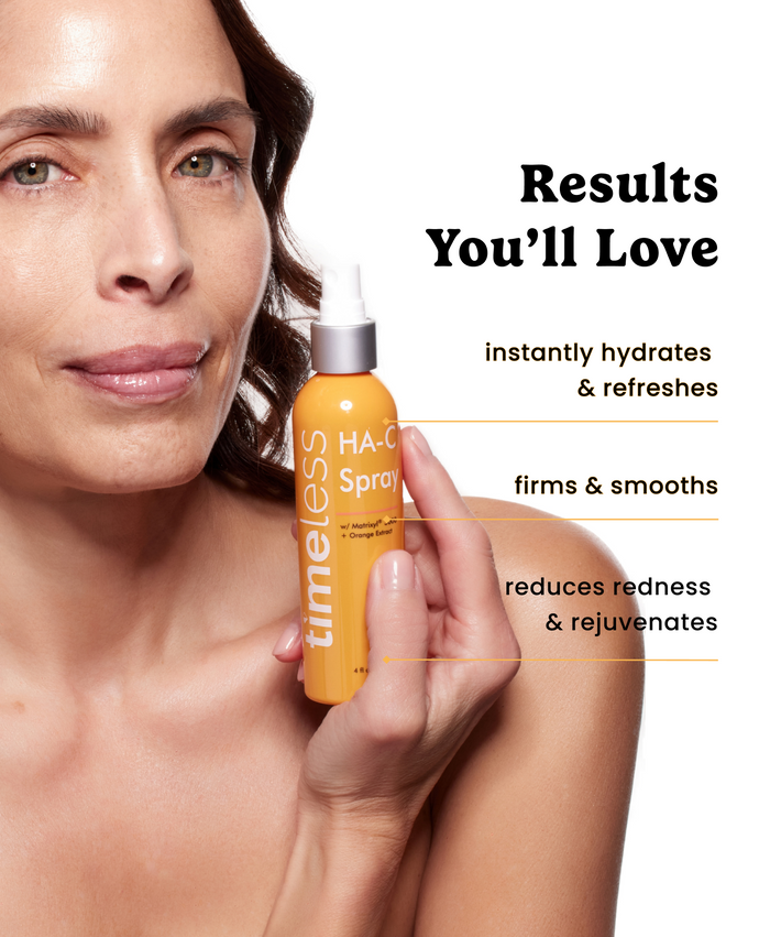 Model holding Timeless HA-C Spray with callouts: instantly hydrates and refreshes, firms and smooths, and reduces redness and rejuvenates.