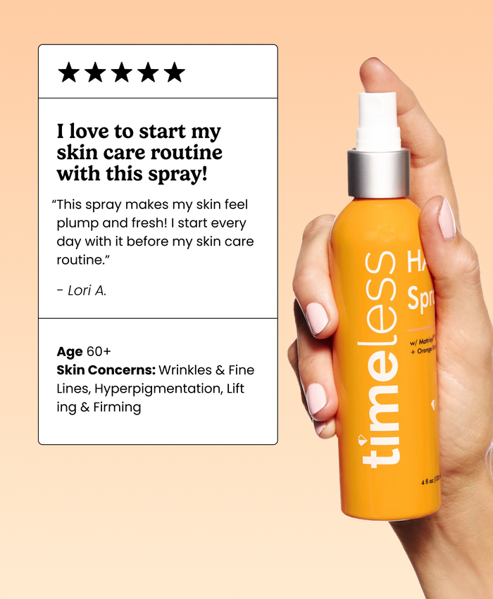 Hand holding Timeless HA-C Spray next to a 5-star review card about starting a skincare routine with the spray, for age 60+ skin concerns.