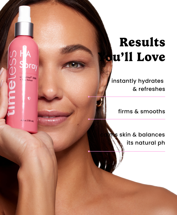 Model holding Timeless HA Spray with callouts: instantly hydrates and refreshes, firms and smooths, and calms skin and balances natural pH.