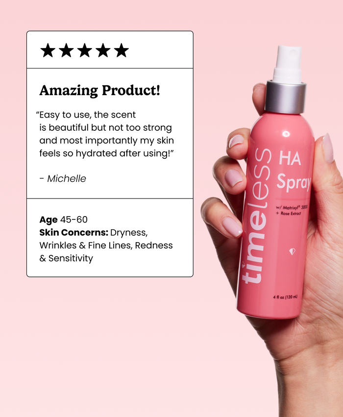 Hand holding Timeless HA Spray next to a 5-star review card titled “Amazing Product!” for age 45–60 skin concerns including dryness, wrinkles, redness, and sensitivity.
