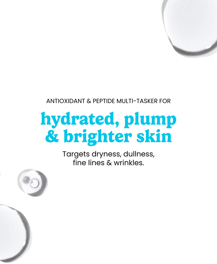 Graphic reading “Antioxidant & peptide multi-tasker for hydrated, plump, and brighter skin” targeting dryness, dullness, fine lines, and wrinkles.
