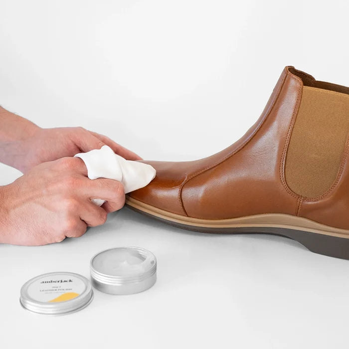 Amberjack leather polish - being applied to Amberjack Chelsea Boot