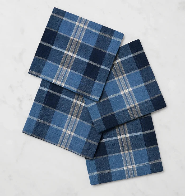 Cadet/navy Masseria plaid cocktail napkins stacked