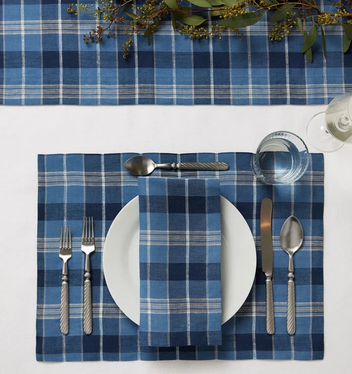 Masseria table linens in Cadet/Navy table setting including the napkin, placemat and table runner.