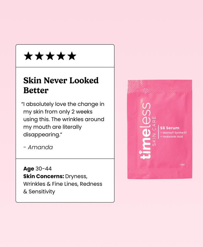 5-star review card titled “Skin Never Looked Better” next to a Timeless S6 Serum sample packet on a pink background.