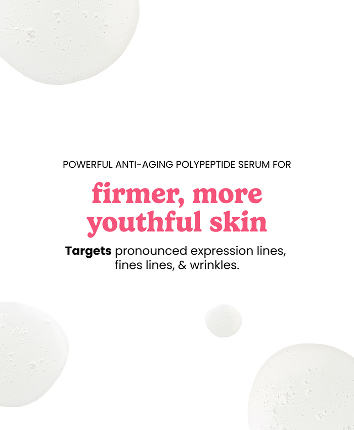 Graphic reading “Powerful anti-aging polypeptide serum for firmer, more youthful skin” targeting pronounced expression lines, fine lines, and wrinkles.