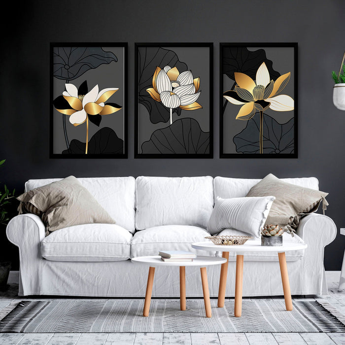 Set of 3 wall art for living room featuring elegant lotus flowers with gold and white petals on dark grey background