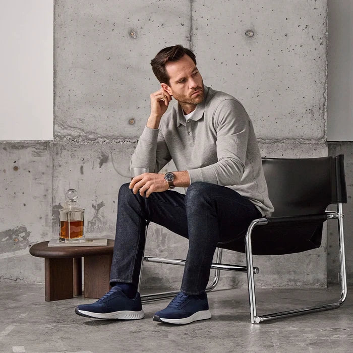 model wearing The Axis in Cobalt Suede