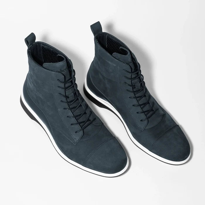 The Boot by Amberjack in Cobalt Blue Nubuck - Three Quarter Angle View