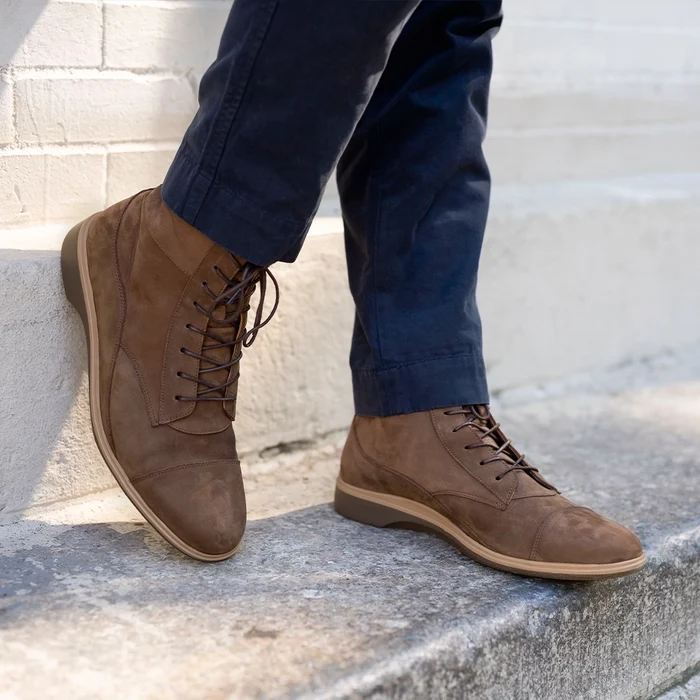 The Boot in Copper by Amberjack - on model worn with navy pants