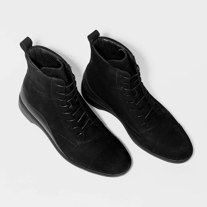 The Boot by Amberjack in Midnight Black Nubuck - Three Quarter Angle View