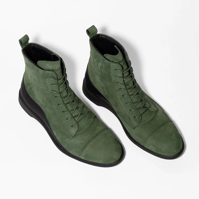The Boot by Amberjack in Olive Green Nubuck - Three Quarter Angle View