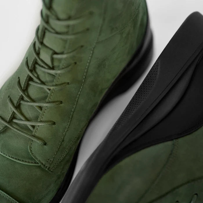 close up detail photo of The Boot in Olive Green Nubuck