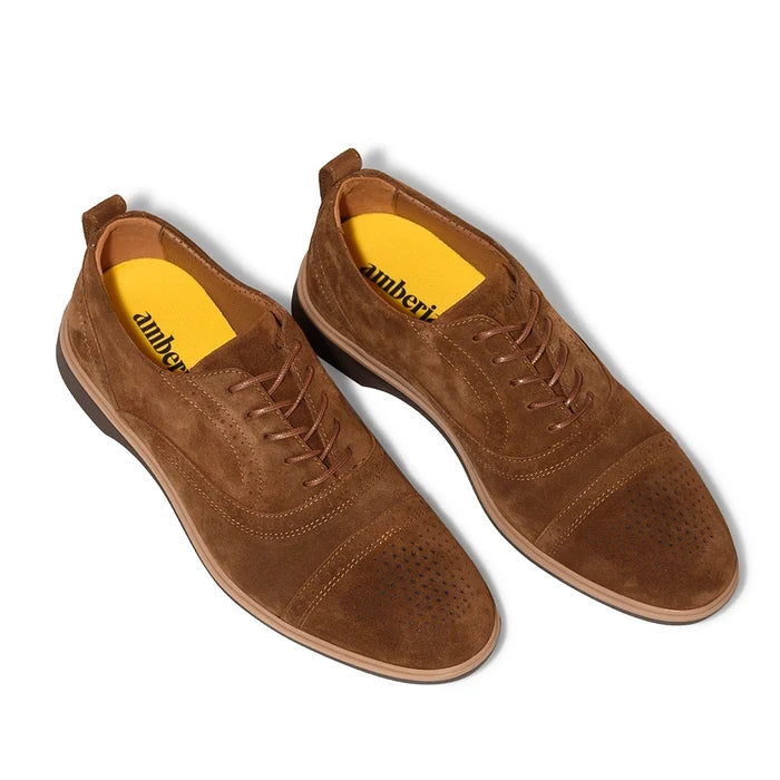 The Cap-Toe Dress Shoe by Amberjack in Grizzly Brown Suede - Three Quarter Angle