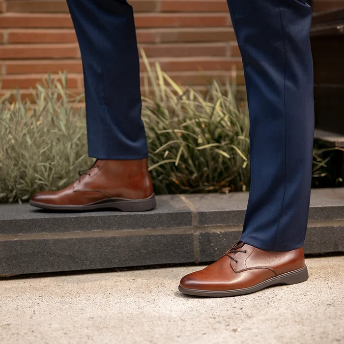 Chukka Chestnut & Mocha on model with navy suit