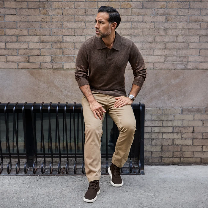 model wearing The Element in chestnut knit with khaki pants