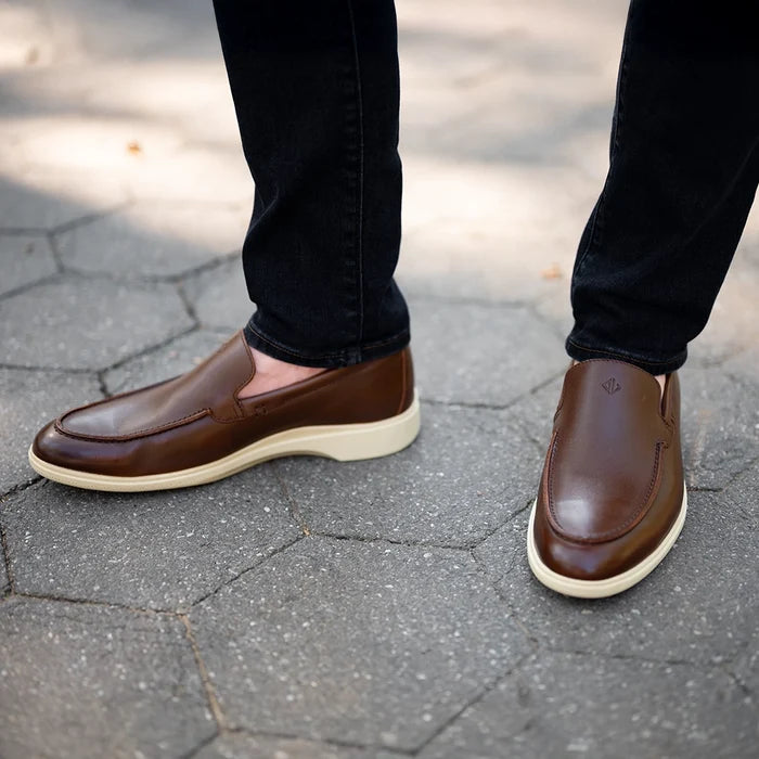 The Loafer in Chestnut & Cream Brown by Amberjack - On model wearing blue jeans