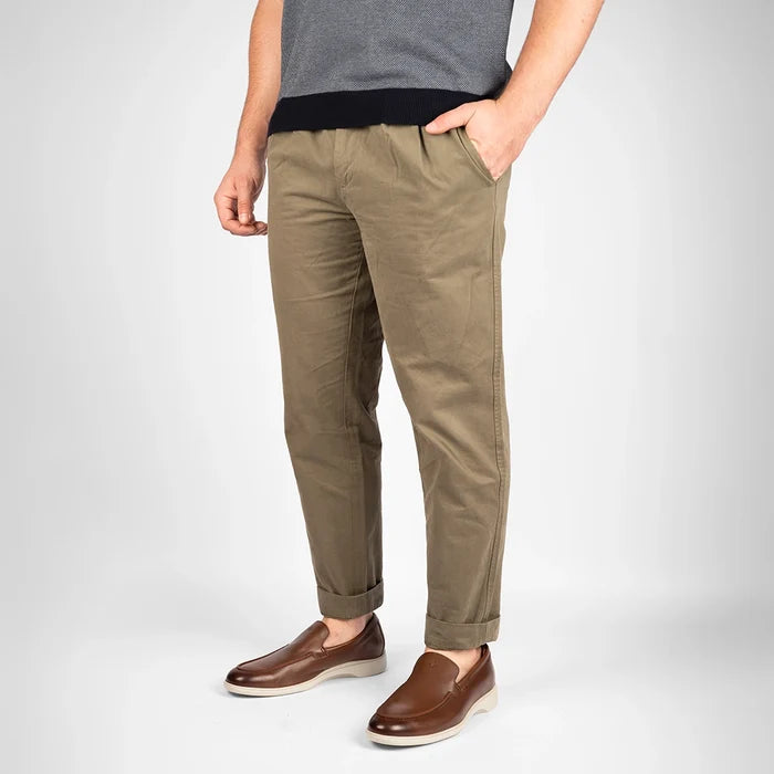 The Loafer in Chestnut & Cream Brown by Amberjack - On model wearing brown pants