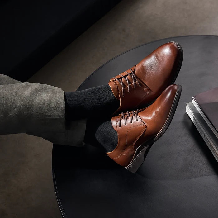 The Original Classic Dress Shoe by Amberjack in Chestnut Brown Leather - Worn by model with dark pants and black socks
