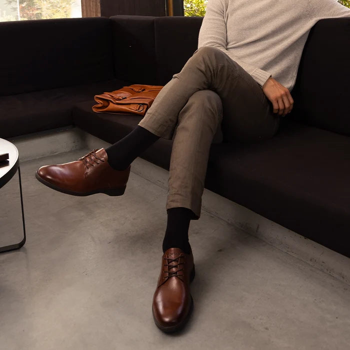 The Original Classic Dress Shoe by Amberjack in Chestnut Brown Leather - Worn by model with dark pants and black socks