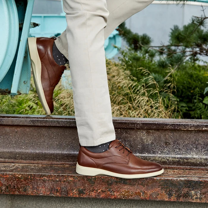 The Original Dress Shoe by Amberjack in Chestnut & Cream Brown Leather - worn with tan pants