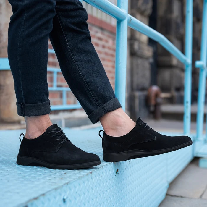 The Original Dress Shoe by Amberjack in Midnight Black - On Model Wearing Blue Jeans
