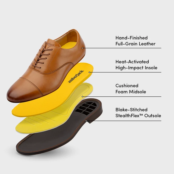 Brown dress shoe with labeled insole components on a white background