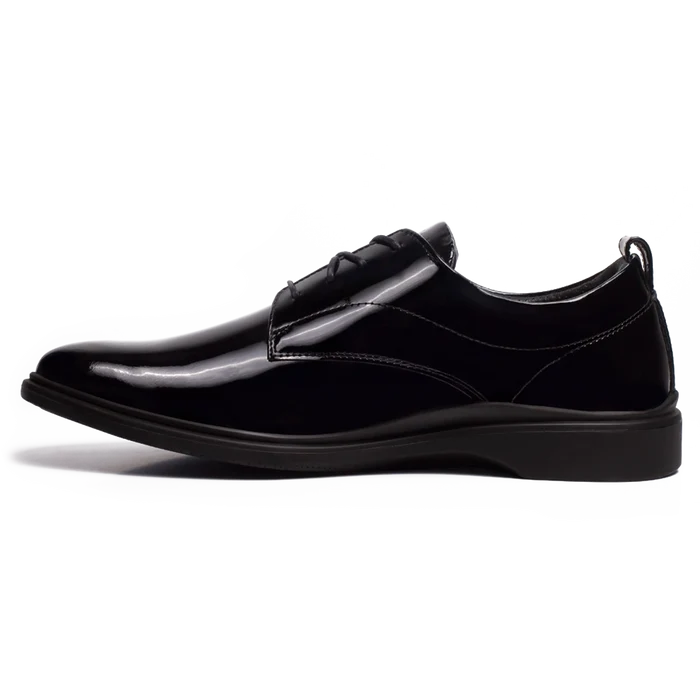 The Tux Dress Shoe by Amberjack in Obsidian Black Patent Leather - Medial View
