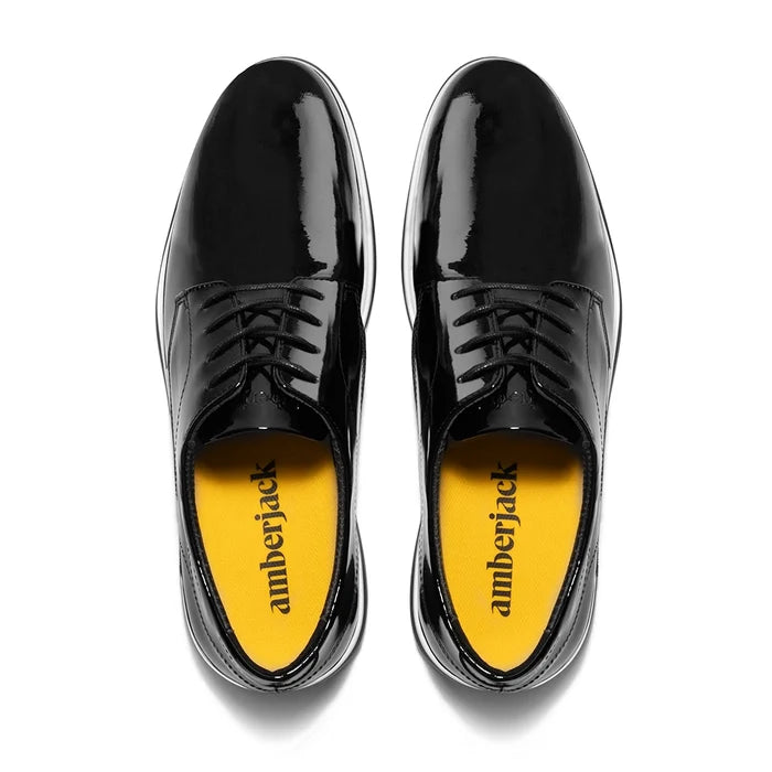 The Tux Dress Shoe by Amberjack in Onyx Black & White Patent Leather - Top Down View