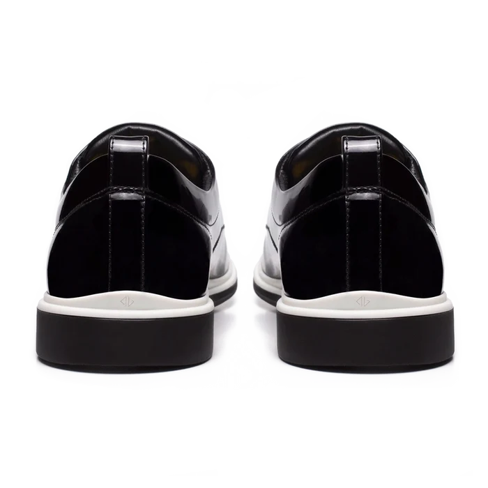 The Tux Dress Shoe by Amberjack in Onyx Black & White Patent Leather - Back View