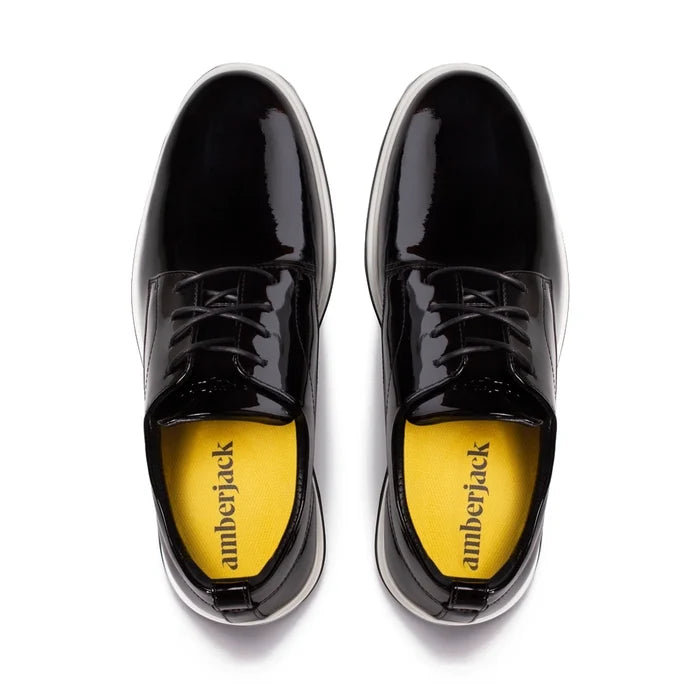 The Tux Dress Shoe by Amberjack in Onyx Black & White Patent Leather - Top Down View