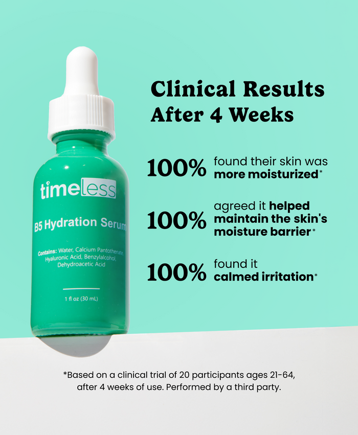 Timeless B5 Hydration Serum clinical results after 4 weeks with 100% improved moisture, barrier support, and calm irritation
